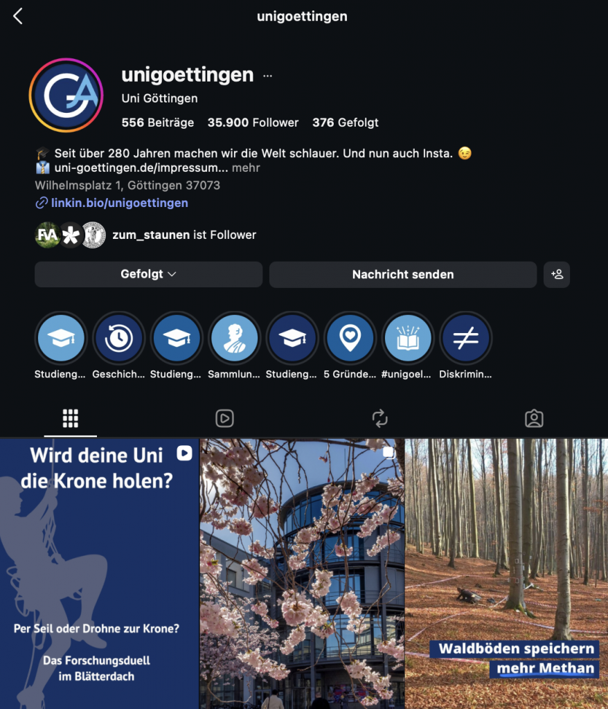 Screenshot des Instagram-Kanals der Uni Göttingen